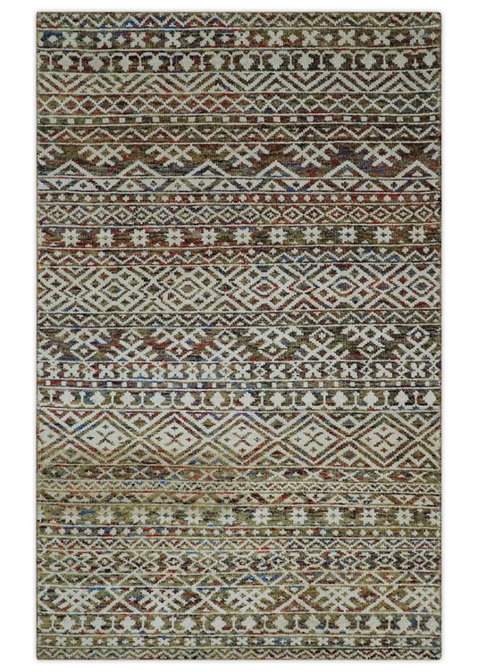 Hand Knotted Modern Contemporary Southwestern Tribal Trellis Recycled Silk Area Rug, Ivory, Olive and Rust , 5X8