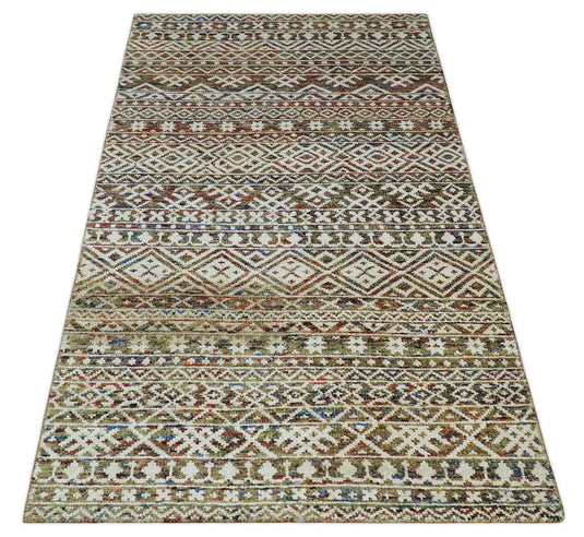 Hand Knotted Modern Contemporary Southwestern Tribal Trellis Recycled Silk Area Rug, Ivory, Olive and Rust , 5X8