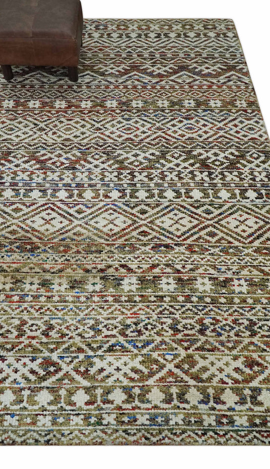 Hand Knotted Modern Contemporary Southwestern Tribal Trellis Recycled Silk Area Rug, Ivory, Olive and Rust , 5X8