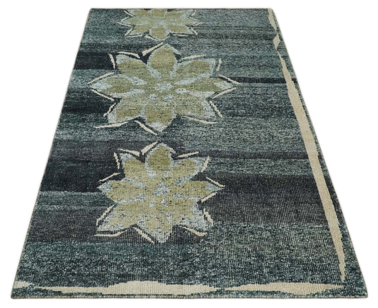 Hand Knotted Floral Persian made of Recycled Silk Area Rug, Charcoal, Beige and Teal, 5X8