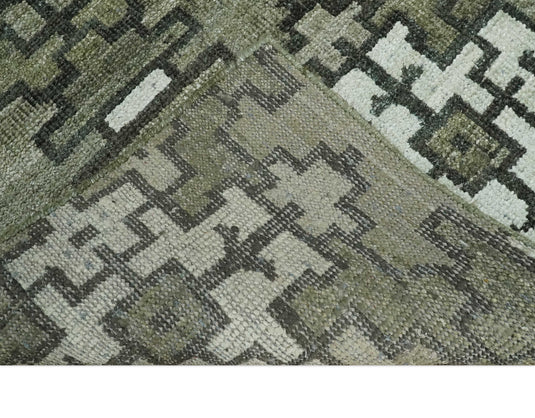 Hand Knotted Modern Contemporary Southwestern Tribal Trellis Recycled Silk Area Rug, Olive, Charcoal and White, 5X8