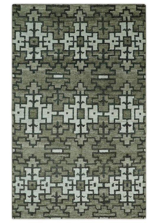 Hand Knotted Modern Contemporary Southwestern Tribal Trellis Recycled Silk Area Rug, Olive, Charcoal and White, 5X8