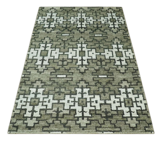 Hand Knotted Modern Contemporary Southwestern Tribal Trellis Recycled Silk Area Rug, Olive, Charcoal and White, 5X8