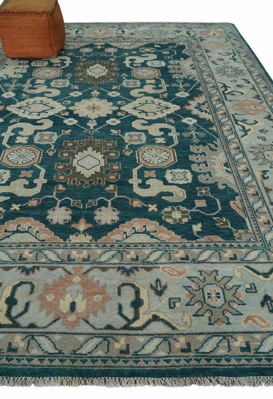 Antique Oriental Oushak 9x12 Large Handmade Vintage Persian Teal Blue, Beige and Silver Area Rug |CP826912