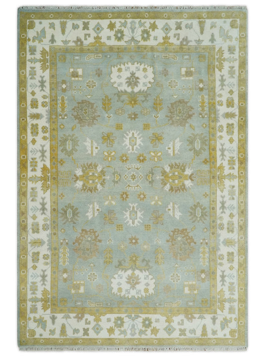 Hand Knotted 6x9 Blue, Mustard and Ivory Traditional Persian Oushak Wool Rug | CP83369