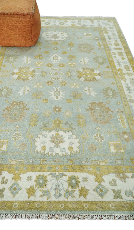 Hand Knotted 6x9 Blue, Mustard and Ivory Traditional Persian Oushak Wool Rug | CP83369