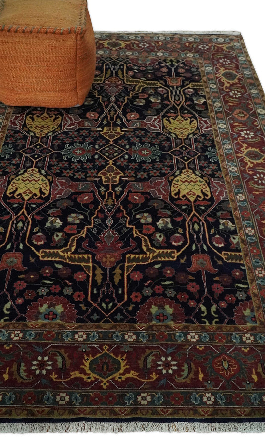 Fine Hand Knotted 6x9 Wool Traditional Antique Vintage Persian Blue and Red Area Rug | CP83869