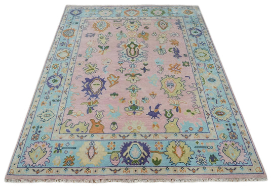 Traditional Hand knotted Oushak 8x10 Wool Persian Pink, Blue and Beige Vibrant Colorful Area Rug | CP847810