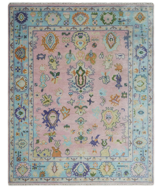 Traditional Hand knotted Oushak 8x10 Wool Persian Pink, Blue and Beige Vibrant Colorful Area Rug | CP847810