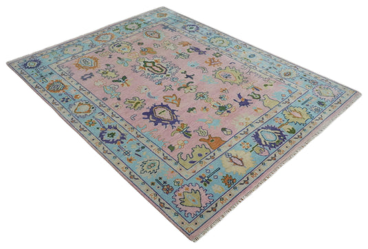 Traditional Hand knotted Oushak 8x10 Wool Persian Pink, Blue and Beige Vibrant Colorful Area Rug | CP847810