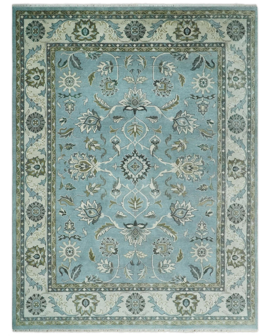 Hand knotted Turkish Oushak 9x12 Traditional Blue Ivory Vibrant Colorful Rug, Vintage Antique Living Room and Bedroom | CP854912