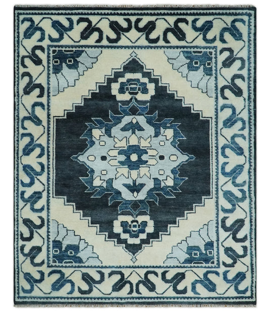 Blue and Ivory Wool 5x8, 6x9, 8x10 and 9x12 Traditional Antique Vintage Persian Hand knotted Area Rug | CP859