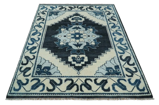 Blue and Ivory Wool 5x8, 6x9, 8x10 and 9x12 Traditional Antique Vintage Persian Hand knotted Area Rug | CP859