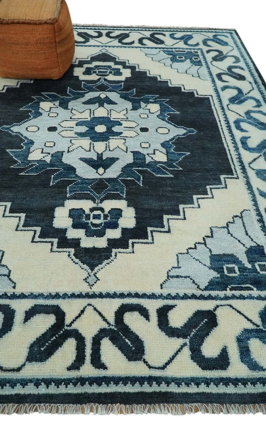Blue and Ivory Wool Traditional Antique Vintage Persian Hand knotted Area Rug | CP859