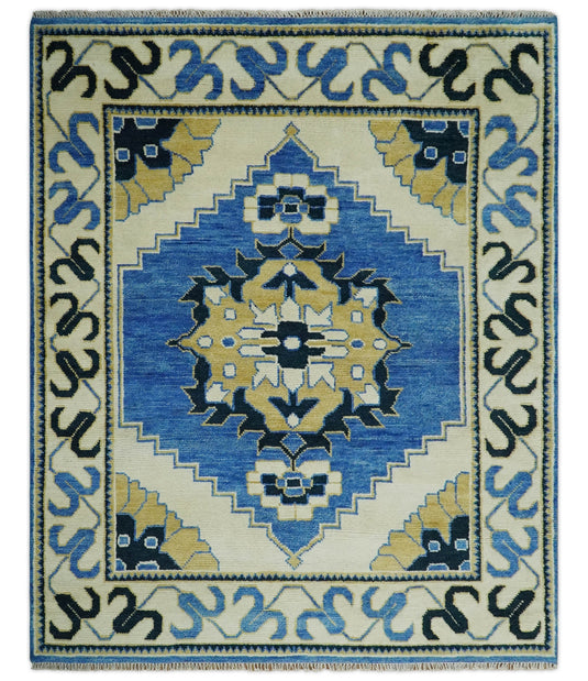 Beige, Blue and Gold Wool 5x8, 6x9, 8x10 and 9x12 Traditional Antique Vintage Persian Hand knotted Area Rug | CP861