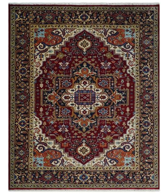 Antique Area 8x10 Red, Blue and Ivory Traditional Hand Knotted Rug, Living Room, Bedroom and Dinning Rug | CP863810