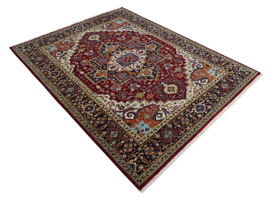 Antique Area 8x10 Red, Blue and Ivory Traditional Hand Knotted Rug, Living Room, Bedroom and Dinning Rug | CP863810