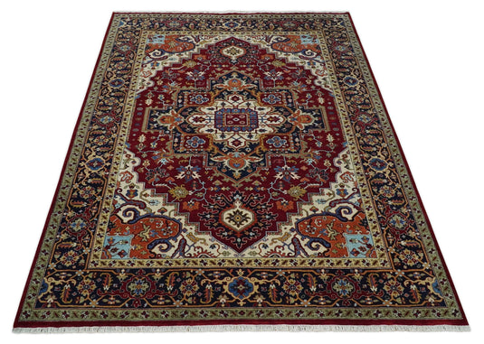 Antique Area 8x10 Red, Blue and Ivory Traditional Hand Knotted Rug, Living Room, Bedroom and Dinning Rug | CP863810