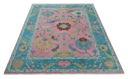 Oushak Pink and Blue 10x14 Hand Knotted Traditional Vintage Persian Style Antique Wool Rug | CP8671014