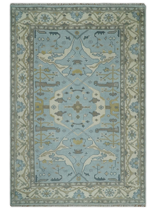 Traditional Antique 6x8 Vintage Oriental Oushak Blue, Beige and Camel Hand Knotted  Wool Area Rug | CP86968