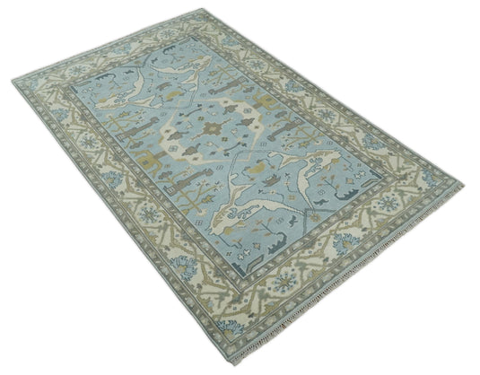 Traditional Antique 6x8 Vintage Oriental Oushak Blue, Beige and Camel Hand Knotted  Wool Area Rug | CP86968