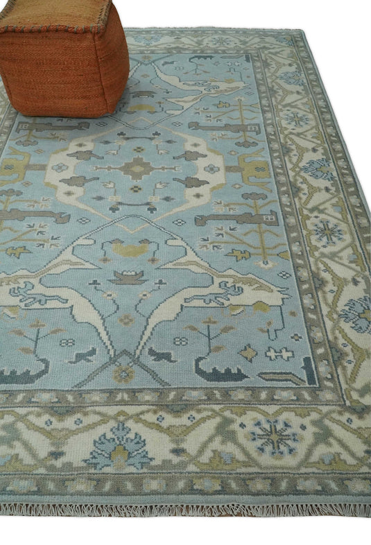 Traditional Antique 6x8 Vintage Oriental Oushak Blue, Beige and Camel Hand Knotted  Wool Area Rug | CP86968