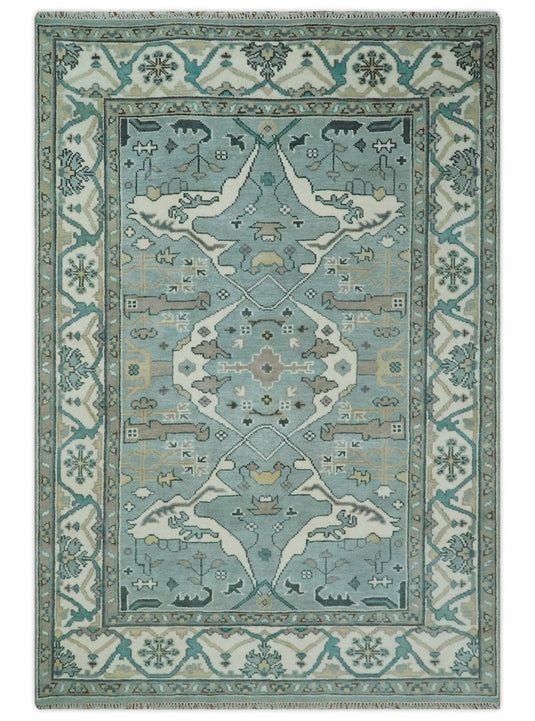 Traditional Antique 6x9 Vintage Oriental Oushak Blue, Ivory and Camel Hand Knotted  Wool Area Rug | CP87169