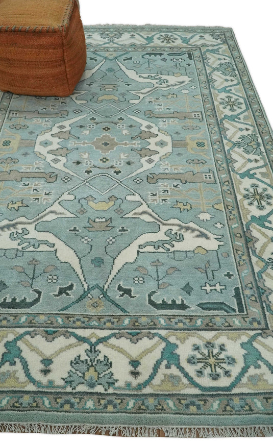 Traditional Antique 6x9 Vintage Oriental Oushak Blue, Ivory and Camel Hand Knotted  Wool Area Rug | CP87169