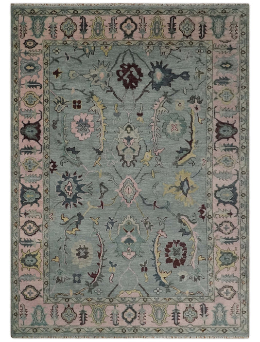 5x8, 6x9, 8x10, 9x12 and 10x14 Blue and Pink Rug Hand Knotted Antique Persian Oushak Antique Wool Rug, Living Room Rug | CP693