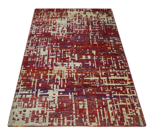 Hand Knotted Modern Abstract Contemporary Recycled Silk Area Rug, Camel, Red and Blue, 5X8 |OP126