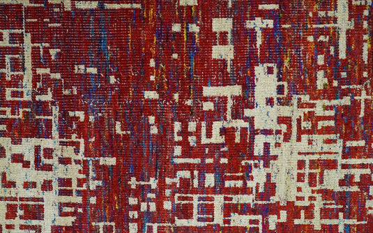 Hand Knotted Modern Abstract Contemporary Recycled Silk Area Rug, Camel, Red and Blue, 5X8 |OP126