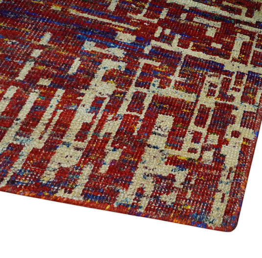 Hand Knotted Modern Abstract Contemporary Recycled Silk Area Rug, Camel, Red and Blue, 5X8 |OP126