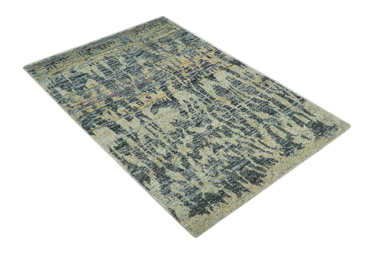 Hand Knotted Modern Abstract Contemporary Recycled Silk Area Rug, Beige, camel and charcoal, 4.5x6.5 | OP127