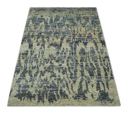 Hand Knotted Modern Abstract Contemporary Recycled Silk Area Rug, Beige, camel and charcoal, 4.5x6.5 | OP127