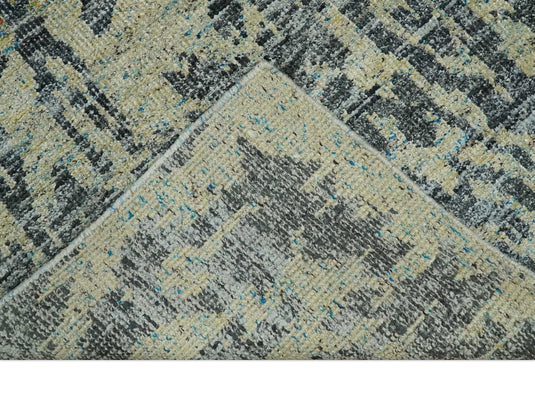 Hand Knotted Modern Abstract Contemporary Recycled Silk Area Rug, Beige, camel and charcoal, 4.5x6.5 | OP127