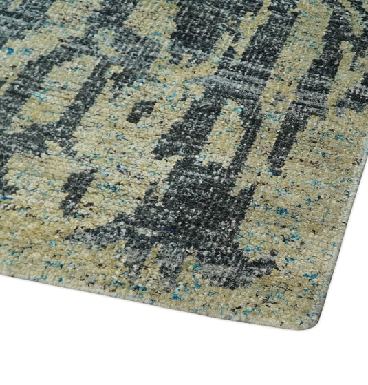 Hand Knotted Modern Abstract Contemporary Recycled Silk Area Rug, Beige, camel and charcoal, 4.5x6.5 | OP127