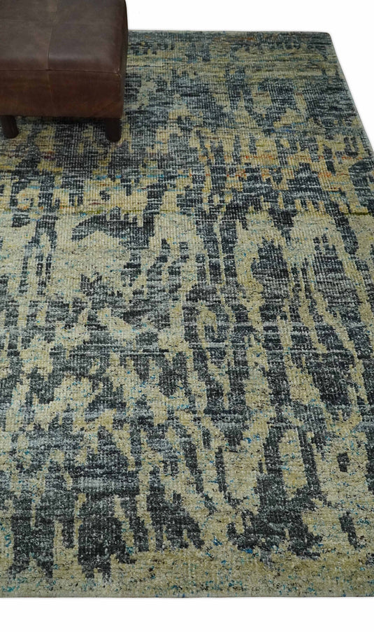 Hand Knotted Modern Abstract Contemporary Recycled Silk Area Rug, Beige, camel and charcoal, 4.5x6.5 | OP127