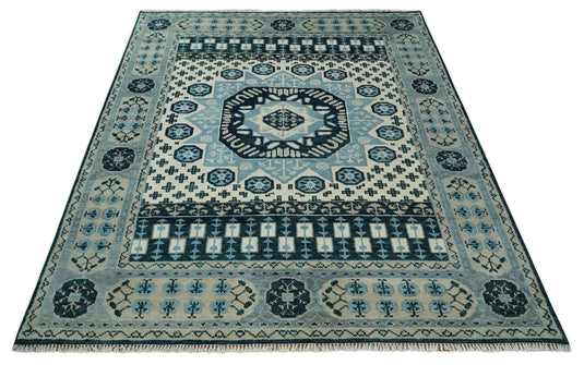 Fine Traditional Hand Knotted Mamluk Beige, Blue and Grey 8x10 Fine Vintage Persian Style Antique Wool Rug | CP875810