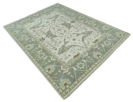 Traditional Ivory, Gray and Brown Hand knotted 10x14 Vintage Oriental Oushak Area Rug, Living Room, Dinning and Kitchen Rug | CP8741014