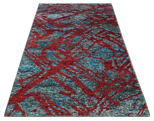 Hand Knotted Modern Abstract Contemporary Recycled Silk Area Rug, Red, Grey and Blue, 5X8 | OP12858