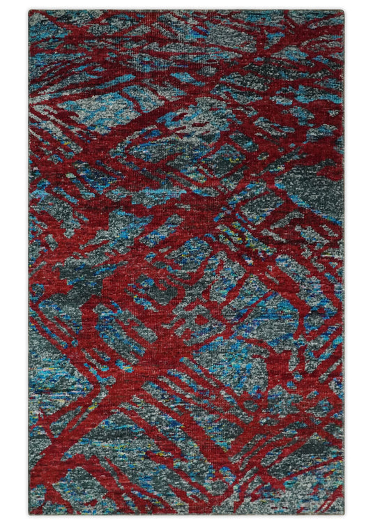 Hand Knotted Modern Abstract Contemporary Recycled Silk Area Rug, Red, Grey and Blue, 5X8 | OP12858