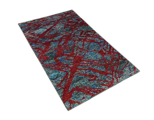 Hand Knotted Modern Abstract Contemporary Recycled Silk Area Rug, Red, Grey and Blue, 5X8 | OP12858