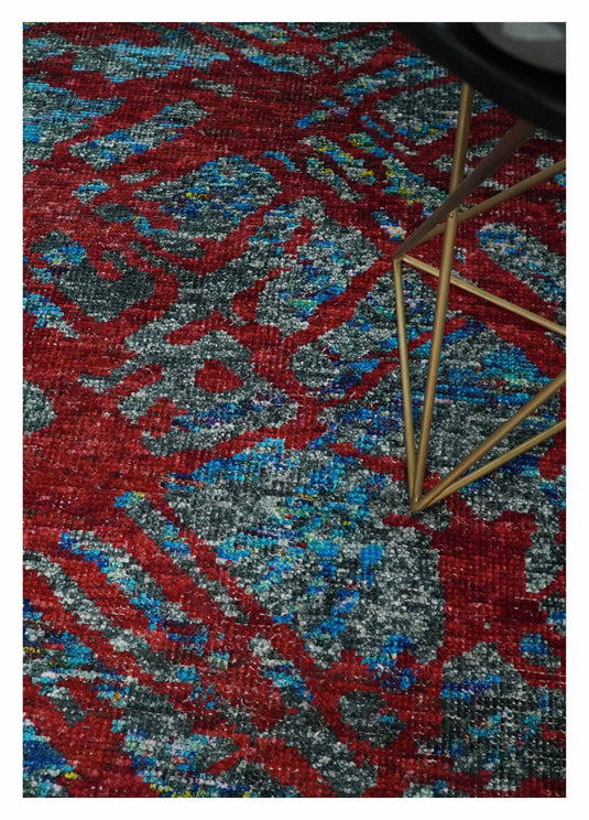 Hand Knotted Modern Abstract Contemporary Recycled Silk Area Rug, Red, Grey and Blue, 5X8 | OP12858