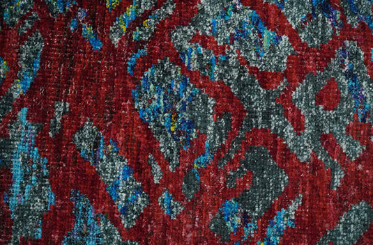 Hand Knotted Modern Abstract Contemporary Recycled Silk Area Rug, Red, Grey and Blue, 5X8 | OP12858