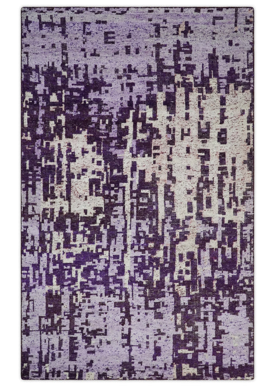 Hand Knotted Modern Abstract Contemporary Recycled Silk Area Rug, Purple, Violet and Ivory, 5x8 | OP13158