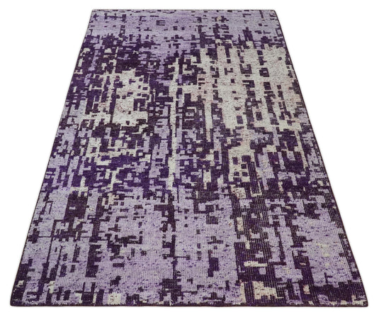 Hand Knotted Modern Abstract Contemporary Recycled Silk Area Rug, Purple, Violet and Ivory, 5x8 | OP13158