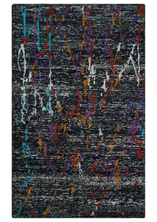 Hand Knotted Modern Abstract Contemporary Recycled Silk Area Rug, Black, Ivory and rust, 5x8| OP13258