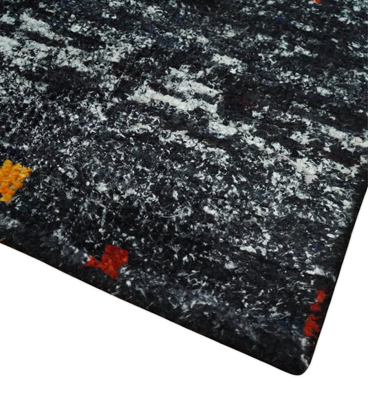 Hand Knotted Modern Abstract Contemporary Recycled Silk Area Rug, Black, Ivory and rust, 5x8| OP13258