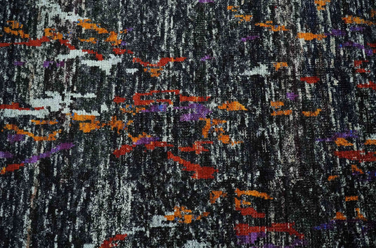 Hand Knotted Modern Abstract Contemporary Recycled Silk Area Rug, Black, Ivory and rust, 5x8| OP13258