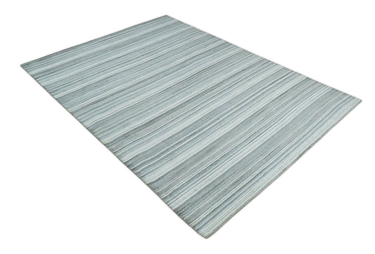 Flatwoven Striped Scandinavian Hand Made Blended Wool Area Rug, White, Silver and Gray, 8x10 | KE03810